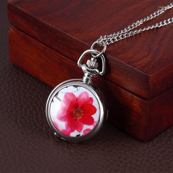 Relógios de bolso Silver Little Red Flower Padrão Relógio Pingente de colar de remendo cerâmica