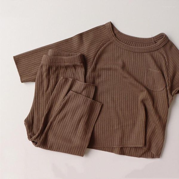 Completi di abbigliamento Vestiti per la casa dei bambini 2022 Primavera Autunno Infantile Neonato Pigiama Set Ragazza di cotone Strisce verticali Top Pantaloni Completo in 2 pezzi