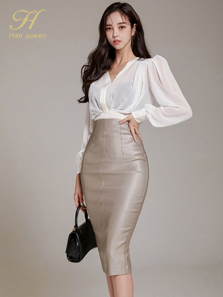 Zweiteiliges Kleid H Han Queen 2-teiliges Set Damen Weiß V-Ausschnitt Top Hohe Taille Bleistift PU-Lederröcke Lässige einfache Bürodame Rockanzug 220827