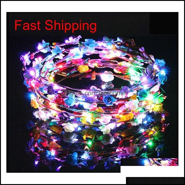 Altri accessori di moda Fasce per capelli a led lampeggianti Stringhe Glow Flower Crown Fasce Light Party Rave Floral Hair Garland Luminoso Wr Dhgg6