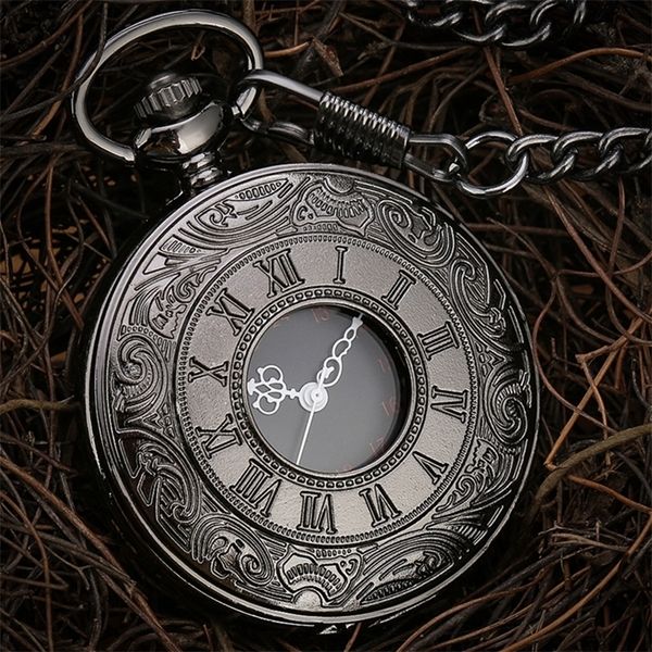 Pocket Watches Black Roman Numbers Quartz Watch Men Women Case Hollo