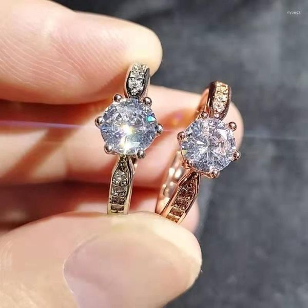 Anéis de casamento Copper banhado prata 2ct seis garras mulheres anel de noivado de zircão feminino clássico de jóias de ouro de ouro rosa aberto