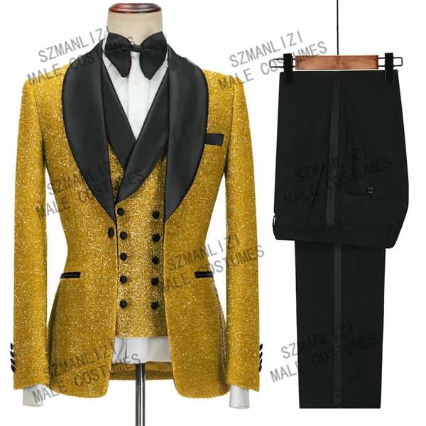 Herrenanzüge Blazer Hübsche glänzende goldene Herrenanzüge Hochzeitsanzüge für Männer Schalkragen 3-teilig Slim Fit Herren Party Smoking Bräutigam Tragen Bräutigam 220826