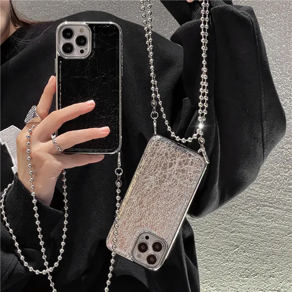 Handyhüllen aus rissigem Narbenleder mit Halskette für iPhone 13 12 11 Pro Max, Umhängetasche, Kettenbeschichtung, Schutzhülle, stoßfest