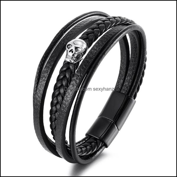 Link Kette Skl Lederarmband für Männer Frauen Skelton Link Echtes Seil Armband Armreif mit Edelstahl Gothic Punk Schmuck Ma Dh2Qz