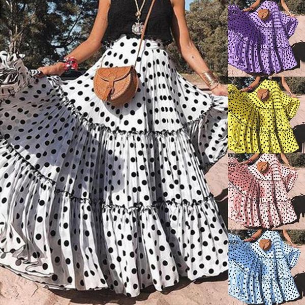 Saias de chegada de verão Mulheres Polca Dot High Caist Ruffled A Line Swing Maxi Skirt Wholesale Drop