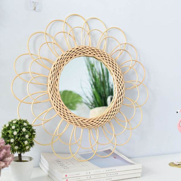 Sun Shape Decorative Decorative Rattan Rattan Inovative Decoração Round Makeup Mirror Mirror Banheiro Mirrors pendurados 20220826 E3