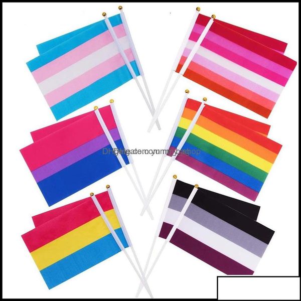 Bandeiras bandeiras de festas festivas suprimentos home jardim 14x21cm arco -íris orgulho gay stick pequeno mini decorações LGBT de mão LGBT 5x8 polegadas Win