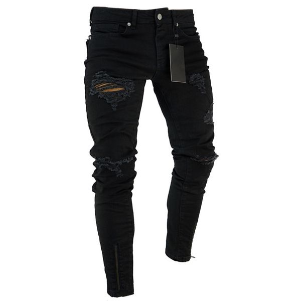 Jeans masculinos pretos esticados magros jeans de fundo de z￭per dos joelhos rasgados de jeans angustiados Hole Hip Hop Street Grande tamanho xxxl 220827