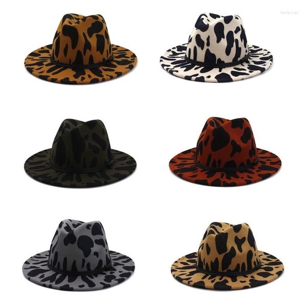 Berretti Retro Jazz Cappello a cilindro Tesa larga Stampa mucca Western Cowboy All-match Feltro con corda in pelle per l'uso quotidiano