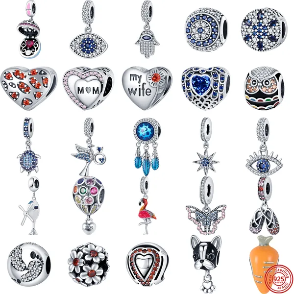 925 Charms de miçanga de prata Pandora charme pulseira esposa mãe azul olho de borboleta tartaruga vermelha flamingo charmes ciondoli diy miçangas finas jóias