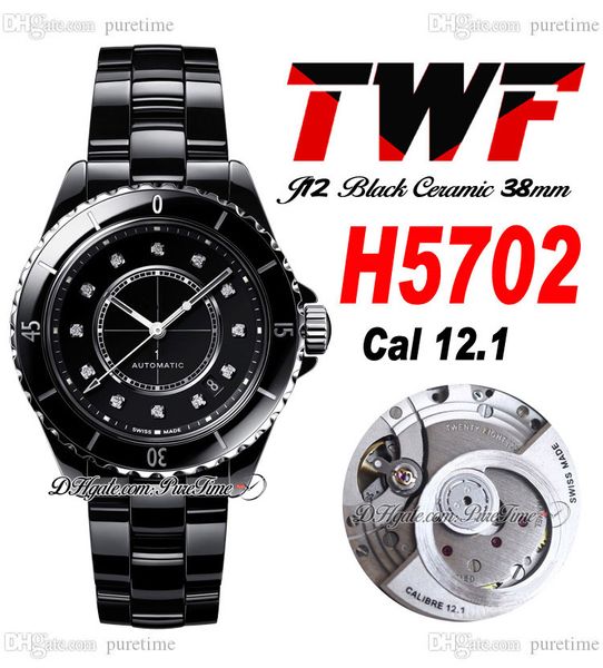 TWF J13 H5702 A12.1 Automatic Unisex Watch Mens Ladies 38mm Corea Ceramic Black Dial Diamonds Marker Bracelet Super Edition Womens Watches Curetime C3