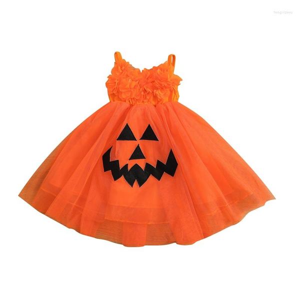 Vestidos de garotas Halloween criança meninas doces vestido de princesa espaguete com cinta frontal Flores da frente Padrão de malha de malha