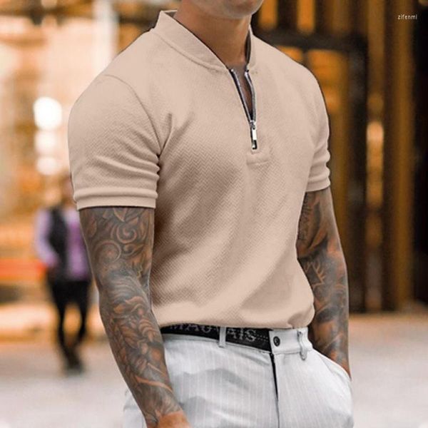 Camisetas masculinas homens casuais tops decoração com zíper de cor sólida manga curta stand colar de gola fechada camiseta de verão roupas machos roupas