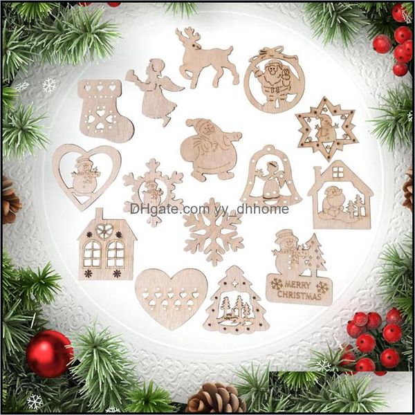 Altre forniture per feste festive 15Pcs Ornamento natalizio in legno fatto a mano Babbo Natale Fiocco di neve Pupazzo di neve Forma di angelo Decorazione artigianale in legno Dhiz3