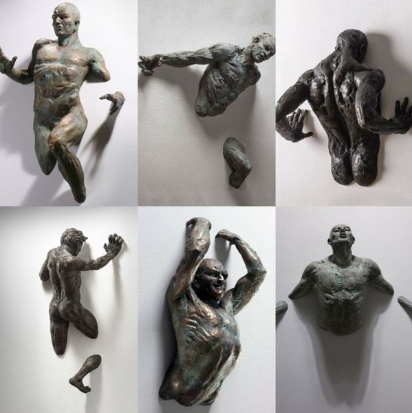 Objetos decorativos Estatuetas 3D Através da Parede Figura Escultura Resina Galvanoplastia Imitação de Cobre Abstrato Decoração de Sala de Estar Decoração de Interiores 220827