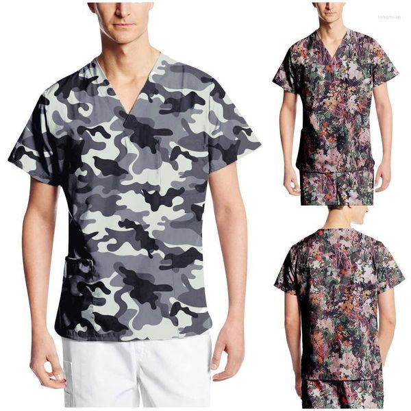 Camisetas masculinas uniformes para homens 2022 Tops de decote em V de manga curta Enfermagem trabalhando com bolsos sobre o tamanho