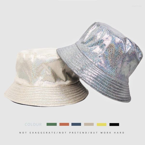 Baskenmütze Unisex doppelseitig faltbarJapanische Basin Cap Outdoor-Reise Sonnencreme Laserlicht Pu-Leder Damenhüte Flat Top Bucket Hat