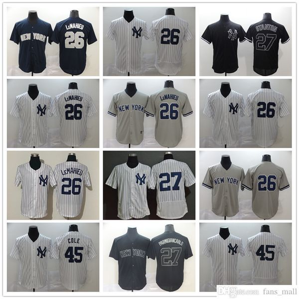 2021 genähtes Baseball-Trikot, 26 DJ LeMahieu, 27 Giancarlo Stanton, 45 Gerrit Cole, Trikots, Retro-Schwarz-Weiß-Gelb, leer, kein Nummernname für Herren, Größe S-XXXL