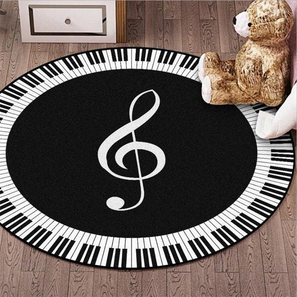 Tapetes piano redondo carpete preto e branco notas símbolos padronizes de ensaio de tapete de teclado musical não deslizamento Sala de banda de tapete