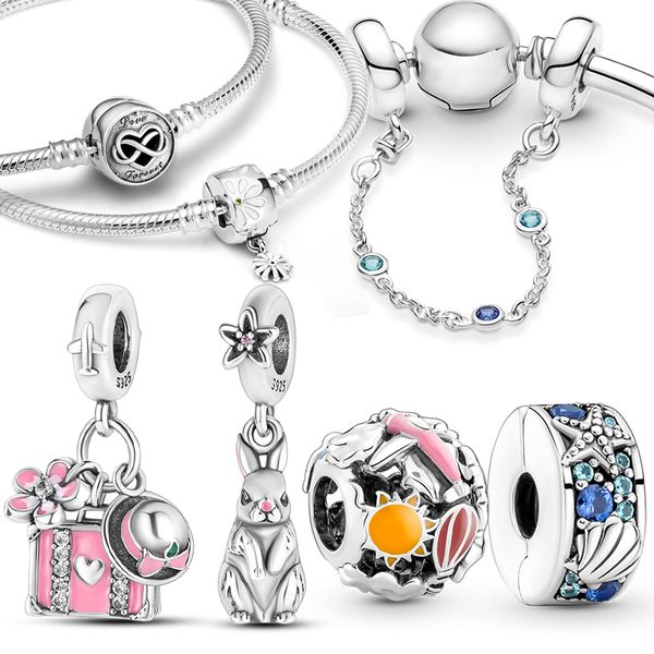 925 Charms de mi￧anga de prata Pandora charme bracelete popular charme rabbit flor combo charmes ciondoli diy fino j￳ias