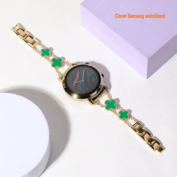 Tiras de faixas de bling de flores esculpidas para Samsung Galaxy Watch 3 Aço inoxidável Jóias de jóias de diamante feminino Banda de trevo para 22mm de 20 mm