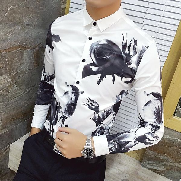 Camisas de vestido masculinas Moda de personalidade masculina Camisa impressa Casual Sleevado longo 3D Men Black Branco 4xl