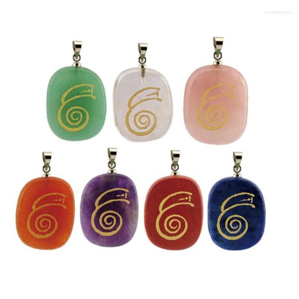 Anhänger Halsketten Naturstein 7-Farben-Chakren Oval Handgefertigte Schnitzerei Japanische DAI KO MYO Reiki Symbol Schmuck Energie Halskette