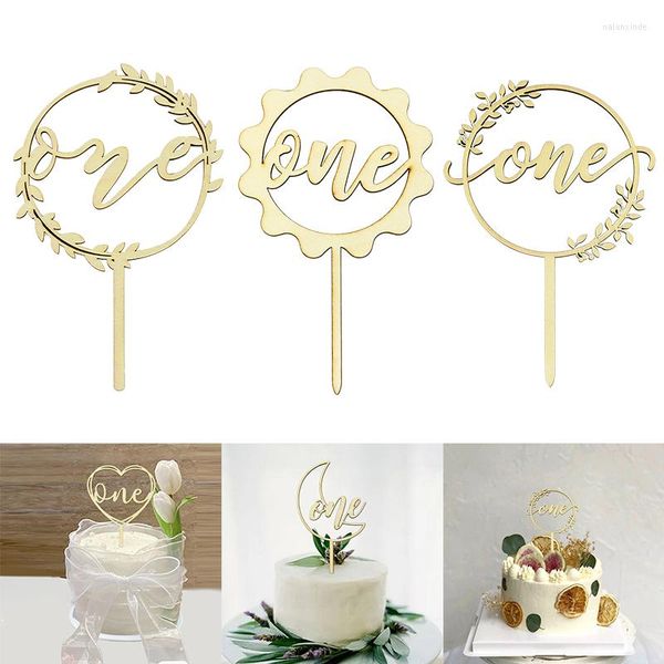 Forniture festive 3pc Legno One Cake Topper Baby's First Birthday Party Cupcake Card Anniversario di matrimonio Inserti Bandiere Decorazione Fornitura