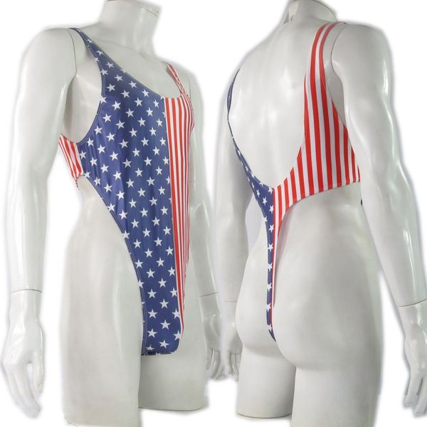Gorduras g Strings Bodysuit Stars Stripes Thong Letard High Cut Deep U Back Swim Fabric Prints G5284