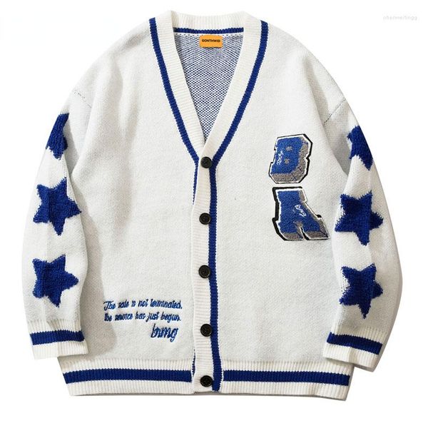 Sweaters masculinos Men estrelas letra de malha de malha Casal de suéter cair outono inverno harajuku suéter retrô cardigan de grandes dimensões de rua casual