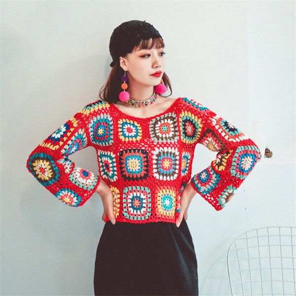 Damenpullover, Boho-Retro-Vintage-Urlaubskleidung, bunt, handgefertigt, Häkeloberteile, Pullover, langärmelig, ausgehöhlter Strickpullover, abgeschnitten, 220827