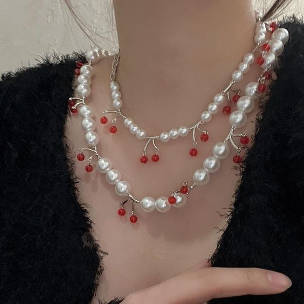 Choker 2022 Korea Rote Kirsche Perle Halskette Für Frauen INS Fashion Party Hochzeit Schmuck Zubehör Geschenke