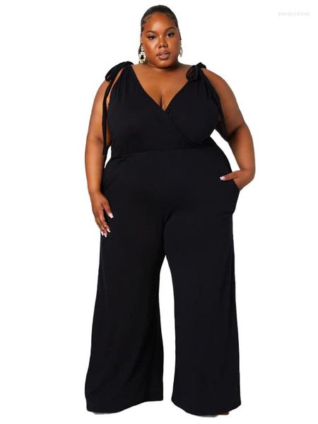 Calças plus size mancos de pernas largas femininas de espaguete com cinta mangas mangas do verão Moda sólida V pescoço sexy macacão macacão macacão