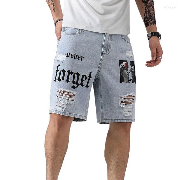 Shorts masculinos calças jeans rasgadas com bolsos letras azuis claras e retrato impressão reta ajuste denim casual streetwear