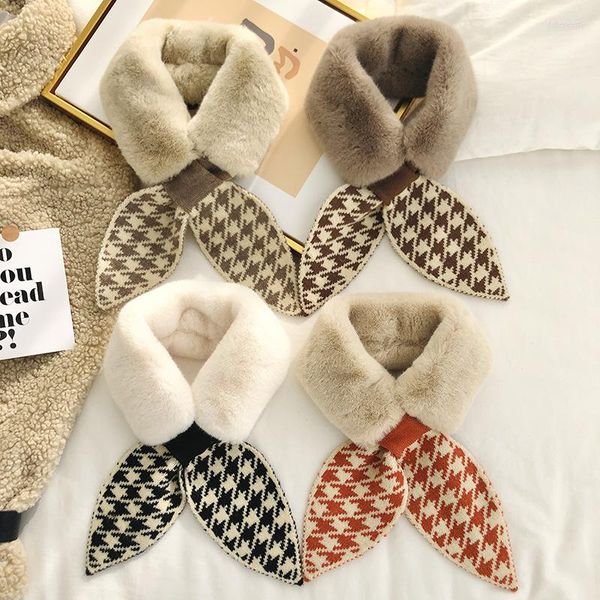 Berets Mode Brief Plaid Schal Winter Frauen Outdoor Hals Wärmer Schwarz Weiß Halstuch Niedliche Flauschige Faux Pelz Für Mädchen