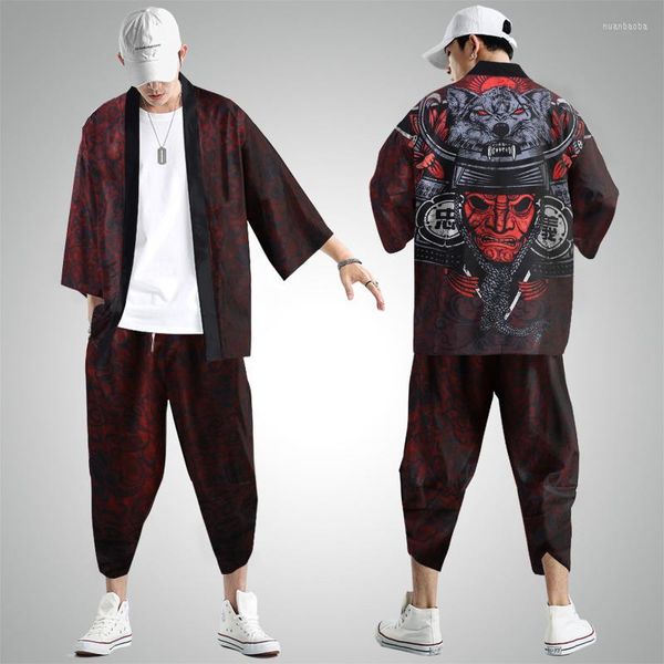 Men's Tracksuits Men Japonês Japonês Tradicional Kimono Cardigan Diabo Print Camisa Vintage Summer Cropped calças