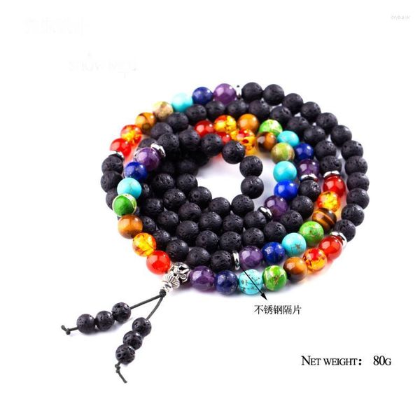 Strand 8mm Stone vulcânica Seven Chakra Bracelet 108 Mala Hand Strings Buddhist Colar Meditation Heart 1pcs/lote