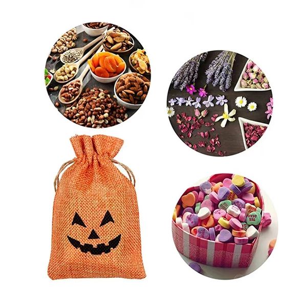 Halloween-Party-Leckerli-Tasche mit Kordelzug, Leinen, Süßigkeitentüten, Kürbismuster, Snack, Kekse, Verpackung, Kindergeburtstagsparty, Goodie-Beutel