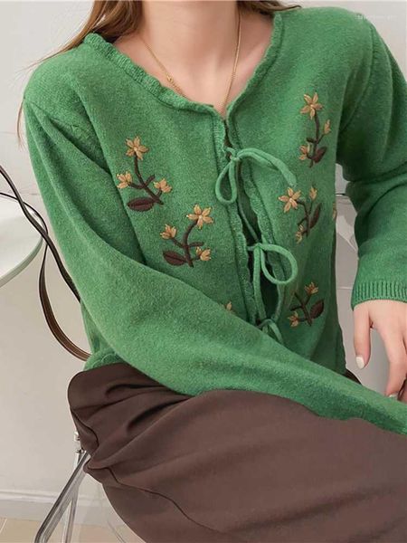 Malhas femininas qoerlin cashmere de duas peças cardigã feminino outono de inverno com manga longa com cuba bordada de suéter bordado tops de malha de davilização vermelha verde