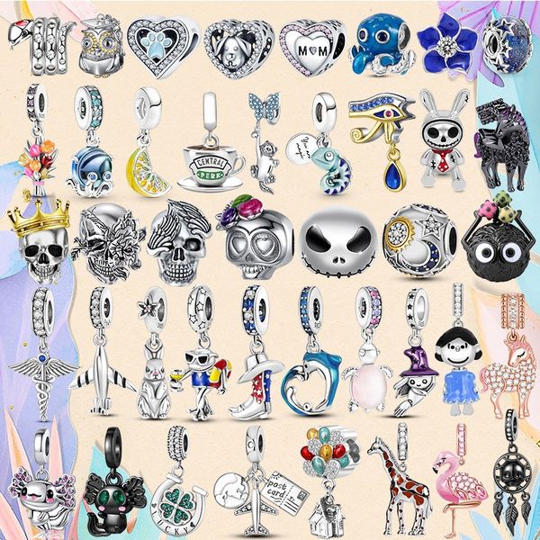 925 Charms de miçanga de prata Pandora charme colorida cor gato cavaleiro de coelho caveira caveira de café xícara de tartaruga charmes ciondoli diy miçangas finas jóias