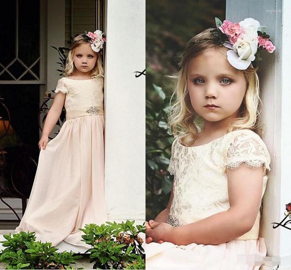 Mädchenkleider 2022 Spitze mit kurzen Ärmeln Blumenmädchen für Hochzeiten mit Perlenschärpe Prinzessin Partykleider A-Linie formelles Kleid