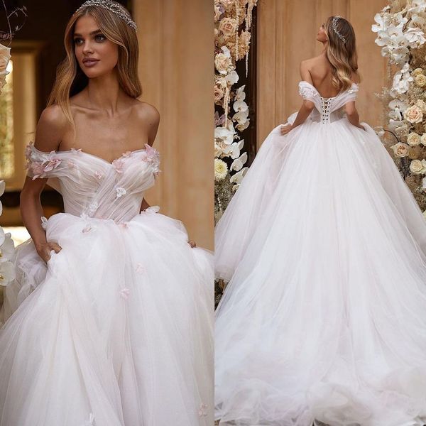 Exquisites Tüll-Hochzeitskleid für Damen nach Maß, schulterfreies Ballkleid mit Schleppe, Blumenapplikationen, Brautkleider