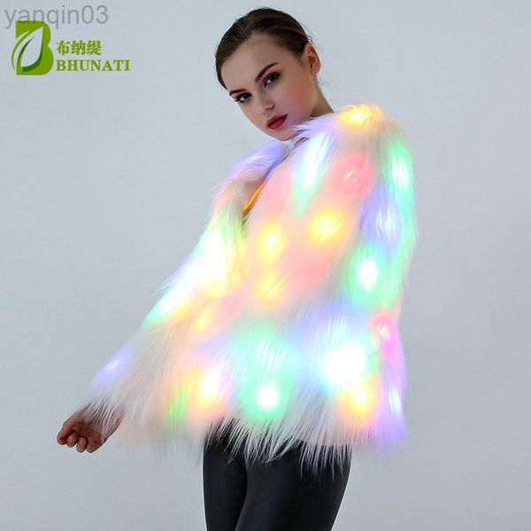 Damenpelz 6XL Frauen Faux LED Licht Weihnachten kommt Cosplay Flauschige Pelzjacke Outrunner Winter Warm Festival Party Club Mantel L220829