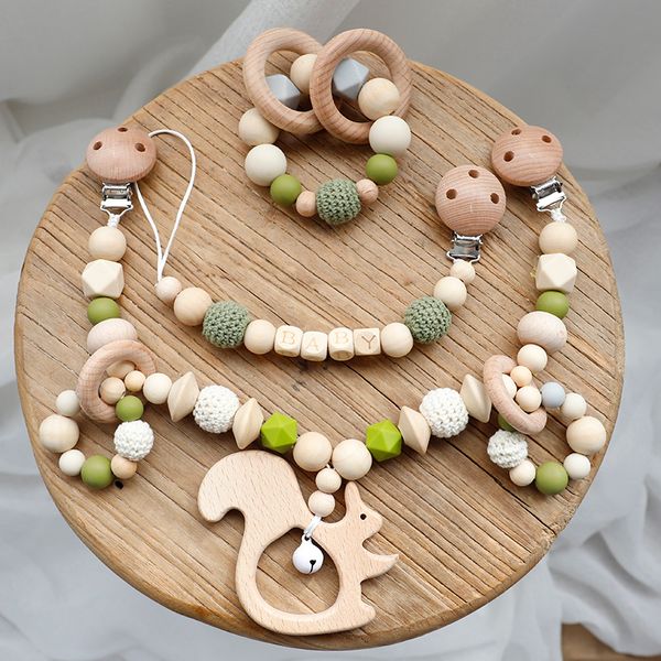 Mobiles Baby Toys Silicone Contas dentes Ringos de madeira Pulpar handmade Chain Chain Chain Claip