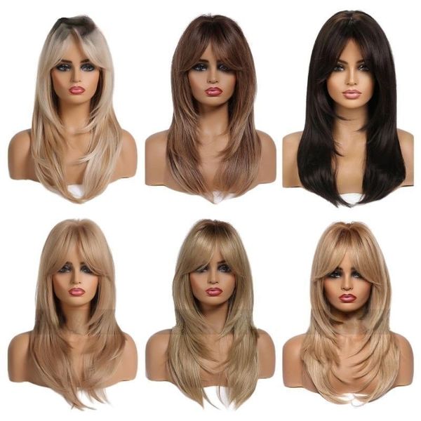 Perucas Sintéticas Fl Head Er Gradiente Cor Cabelo Liso Comprimento Médio 18khb