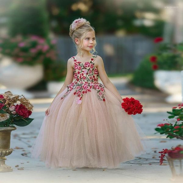 Girl Dresses Dusty Pink Flower First Communion Rose Appliques Spaghetti Strap A-Line Princess Gown Vestido de nolia