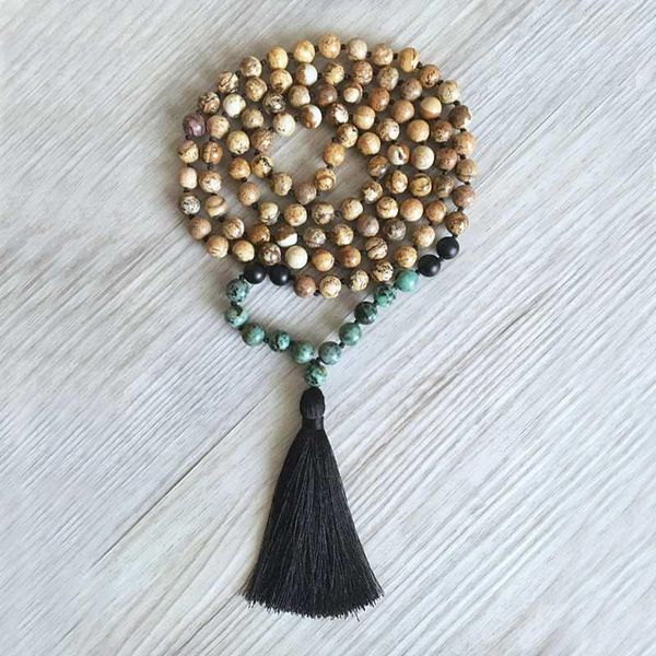 Ketten Yoga Mala Schmuck Matt Onyx Bild J-as Pro Halskette Männer 108 Perlen handgeknüpft mit schwarzer Quaste