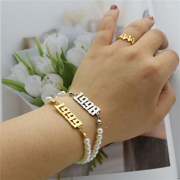 Link Armbänder Geburtsjahr Armband für Frauen Freunde minimalistische Nachahmung Perlenschmuck Edelstahl Charms Femme