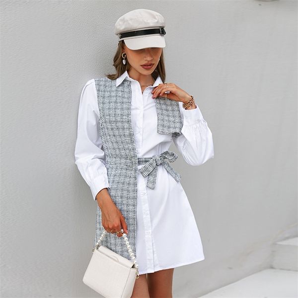 Abiti casual Oein Night Club Modern Lady TurnDown Collar Belt Lantern Sleeve Plaid Vestido Mini Camicia elegante 220829